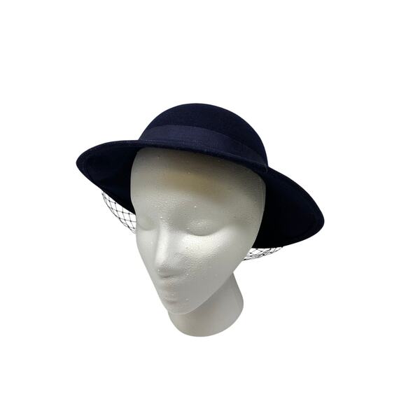 Vintage Navy Blue Doeskin Felt Wool Hat Veil Accent Geo W Bollman Mid Century - Picture 2 of 8
